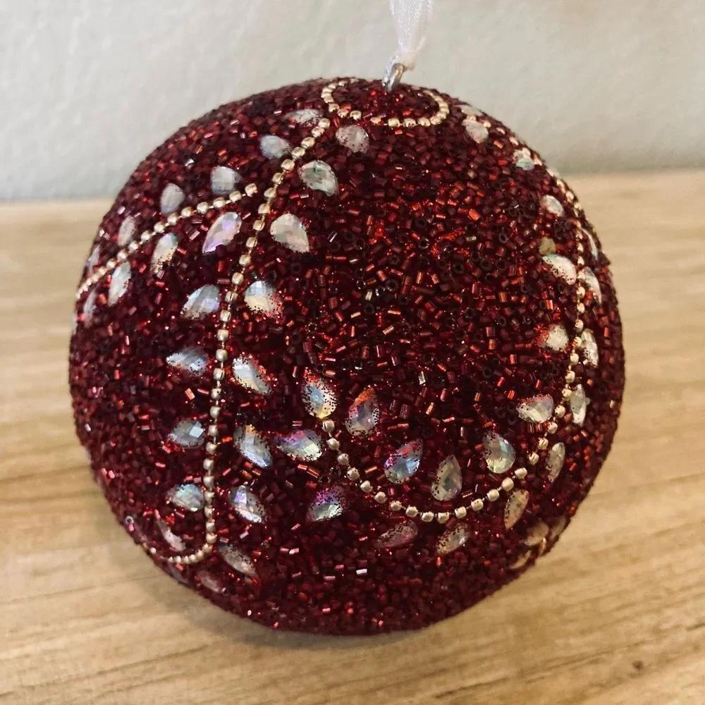 NWT Red Beaded Jeweled Christmas Holiday Ball Ornament